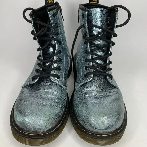 Dr‎ Martens 1460 Boots Juniors 4 Blue Silver Glitter Combat - Picture 2 of 9